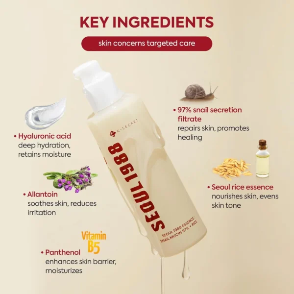 KSecret SEOUL 1988 Snail ESSENCE : Snail Mucin 97% + Rice (100mL) - Image 2